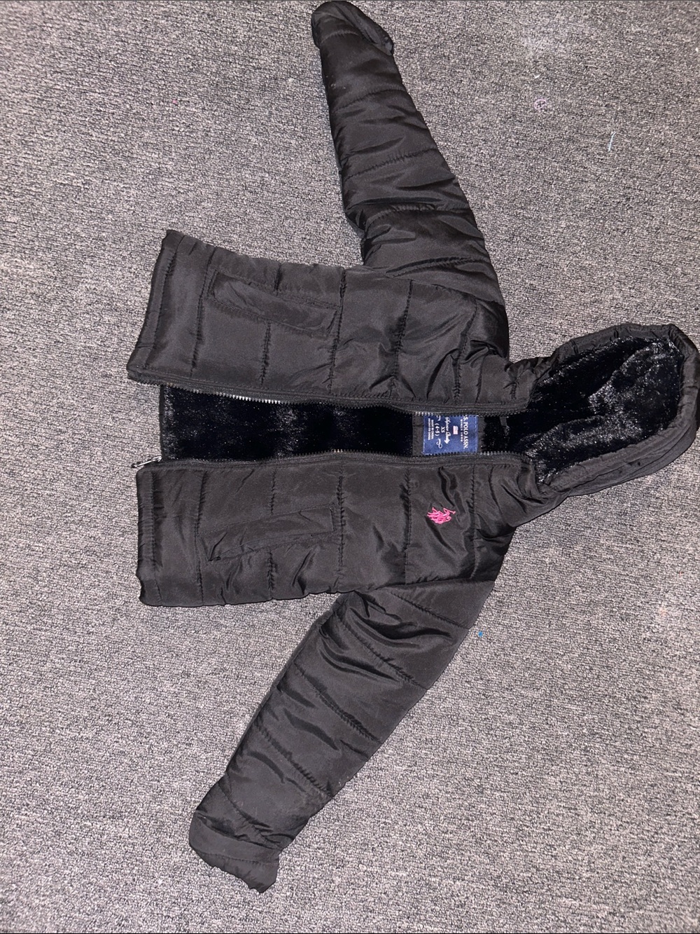 U.S. Polo Assn. Black Kids Puffer Jacket with Hood and Pink Logo
